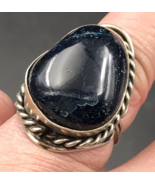 Vintage Silver Tone Black Marble Stone Ring 1 1/4&quot; x 7/8&quot; Sz 8 - $12.19