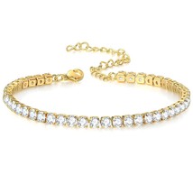 18K Gold Plated Stainless Steel &quot;Tennis&quot; Bracelet Cubic Zirconia Waterproof - £37.00 GBP