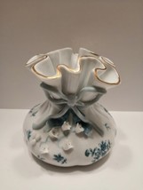 Vintage Lefton China Gathered Bag Sack Ruffle Vase Blue Ribbon Floral Sc... - $18.81