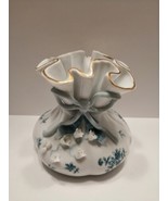 Vintage Lefton China Gathered Bag Sack Ruffle Vase Blue Ribbon Floral Sc... - $18.81