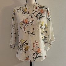 Zara White Floral Blouse 3/4 Tie Sleeve Top Half Button Shirt Small - £14.01 GBP