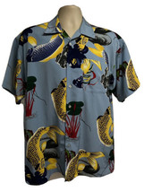 Koman Mens Vintage Blue Hawaiian Asian Koi Fish Button Front Shirt Medium Pocket - £31.64 GBP