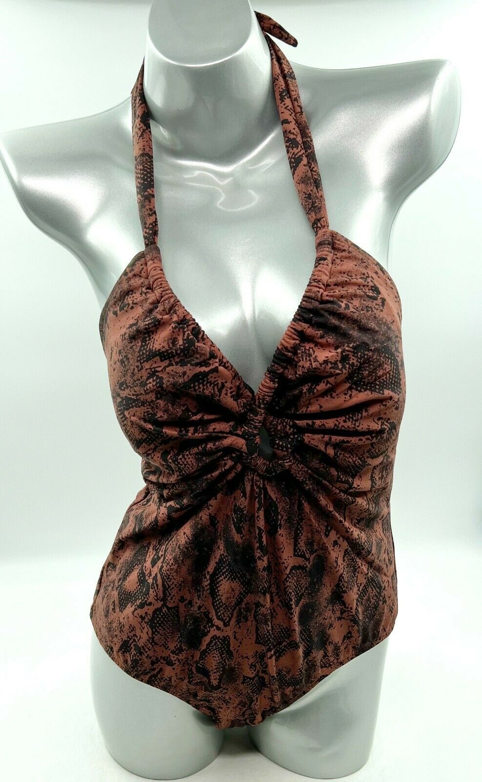 Primary image for Kona Sol Plus Size Swimsuit Brown Black Snake Print Halter Keyhole One Piece NEW