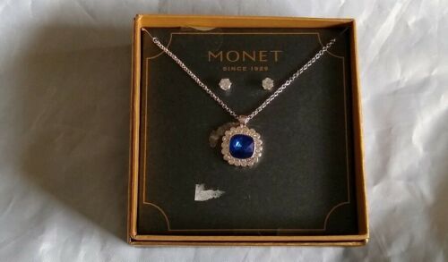 Monet Women's Silver Blue Tones Stud Earrings and Square Pendant Necklace Set - £16.52 GBP