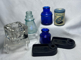Vtg Ink Well Dip Glass Bottles Pelikan Tin Carter's Ink Junior Cube Stands Lot - £31.56 GBP