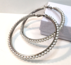 Huge Silver Tone &amp; Faux Pearl Hoop Earrings 2.75&quot; Statement Jewelry Pierced Ears - £7.99 GBP