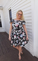 80s Black Floral Print Dress Vintage Full Skirt Tulle Rockabilly Retro C... - €29,53 EUR