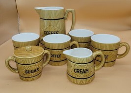Vtg Royal Sealy Coffee Pot Set Creamer Sugar Bowl 4 Cups Wood Grain Barrel Japan - £27.59 GBP