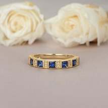 2.2Ct Princess Cut Blue Sapphire Eternity Wedding Band Ring 14K Yellow Gold Over - £74.73 GBP