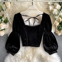 2022 New Fashion  Crop Top Women Lantern Sleeve Vintage Blouse Black Velvet Tops - £64.59 GBP