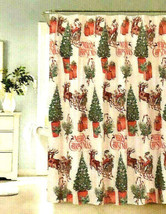 Merry Christmas Fabric Shower Curtain Holiday 72x70&quot; with Hooks Santa Reindeer - £26.74 GBP