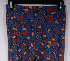 New LuLaRoe One Size Leggings Blue With Gold &amp; Red Leafy Floral Designs - £12.19 GBP