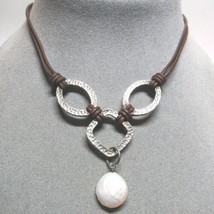 Sterling Silver Hammered Leather Links Pearl Adjustable Length Pendant Necklace - £36.39 GBP