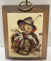 Vintage Hummel Boy in Basket with Bunnies Wood Wall Plaque 4 x 3.25 inches - £9.05 GBP