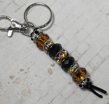 Murano Rhinestone Beaded Handmade Split Ring Keychain Hook Black Amber New - £14.78 GBP