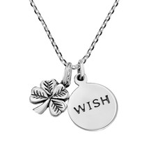 Lucky Four-Leaf Clover and 'WISH' Dual Pendant .925 Sterling Silver Necklace - £17.48 GBP
