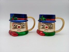 Vintage set of 2 Snowman Coffee Cocoa Mug Hand painted Ceramic Christmas Cups - £8.87 GBP