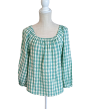 a.n.a Womens Green Check Plaid Square Neck 3/4 Puff Sleeve Blouse Top Size L - £7.82 GBP