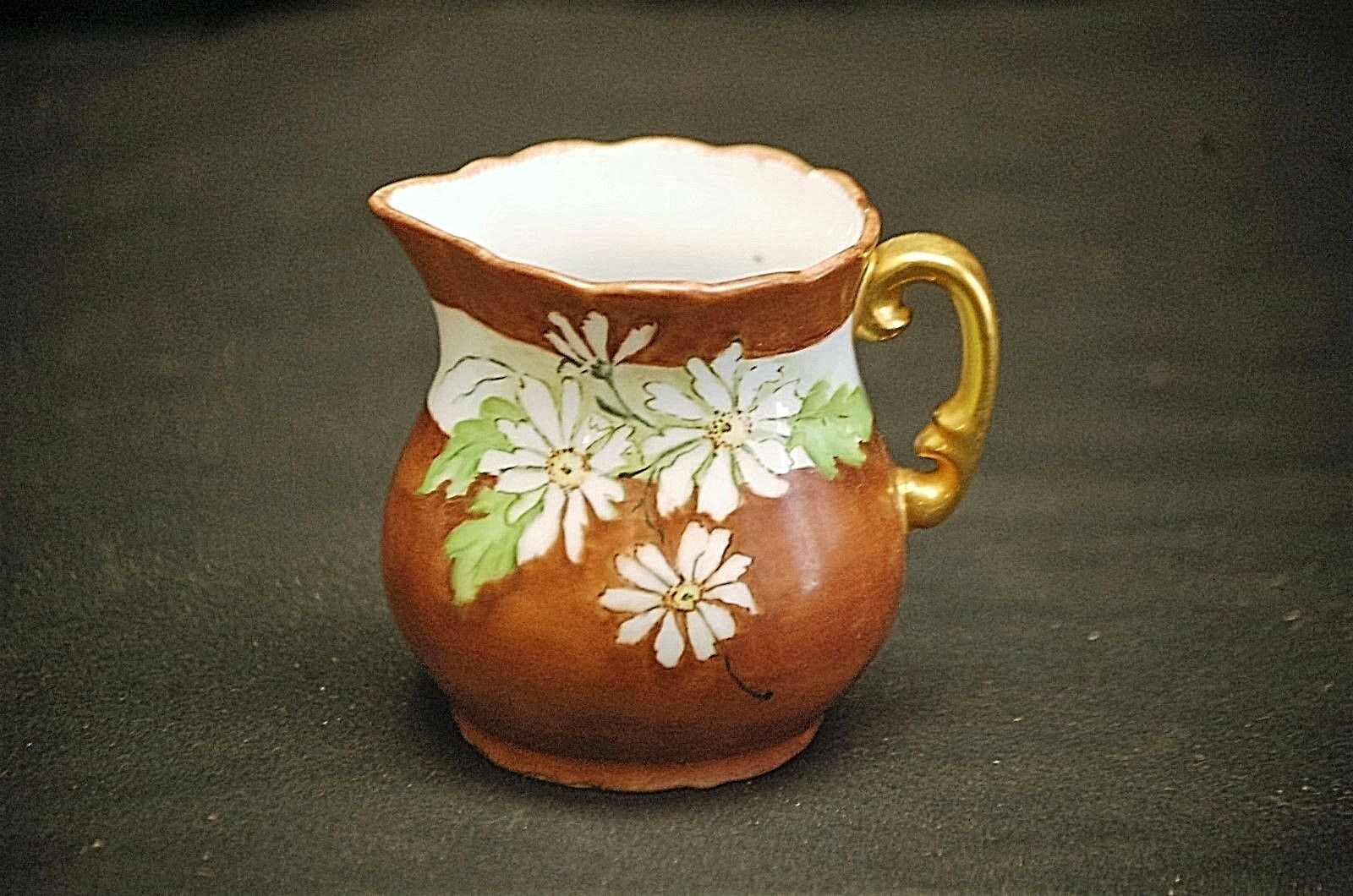 Old Vintage Small Brown Pitcher White Daisies &amp; Band Gold Accents by G. ... - $14.84