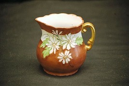 Old Vintage Small Brown Pitcher White Daisies &amp; Band Gold Accents by G. ... - $14.84