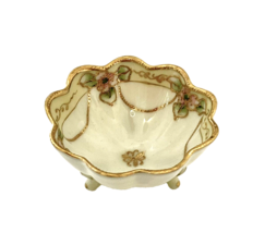 Salt Dip Bowl Nippon Green M Stamped Footed Hand Painted Gold Trim Pink Flowers - £11.77 GBP