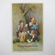 Easter Postcard Boys Collect Eggs in Basket Girl Holds Rabbit Embossed Antique - £7.98 GBP