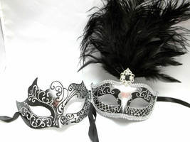 Silver Black Couples Man Woman Masquerade Mardi Gras Masks Combo Couple Set - £22.19 GBP