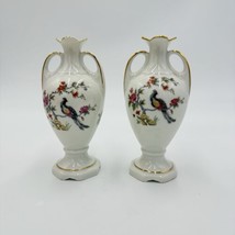 Vintage Limoges France Porcelain Miniature Vase Floral Birds Painted 5.3” Set 2 - $58.50