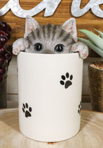 Ceramic Gray Tabby Cat Hiding and Peeking Dry Storage Jar With Paw Print... - £31.85 GBP