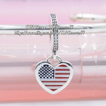 925 Sterling Silver USA Heart Flag Dangle Charm with Mixed Enamel Pendant  - £14.22 GBP