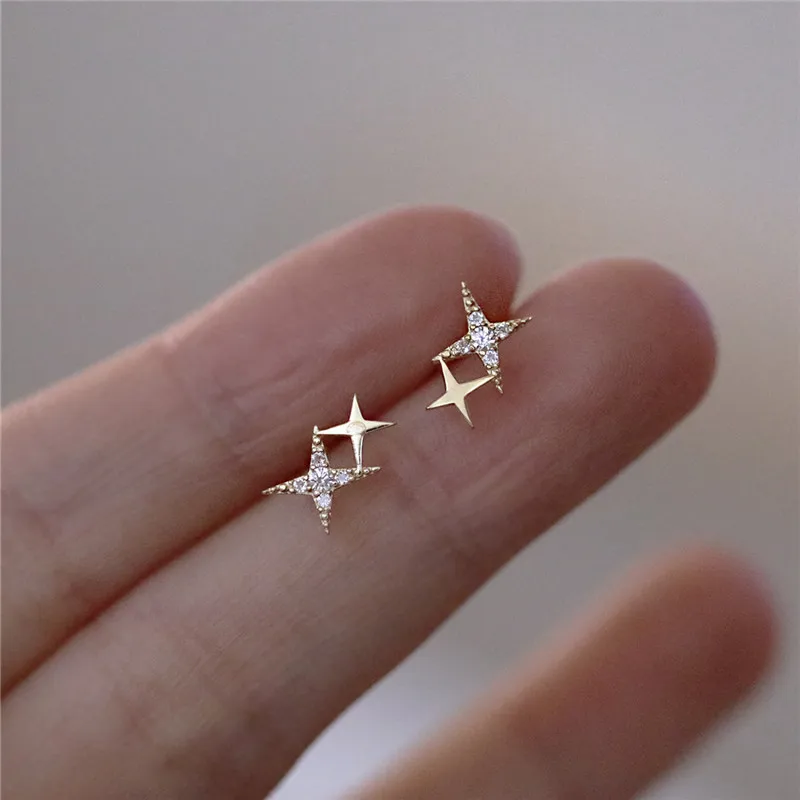 925 Sterling Silver Japanese Micro Inlaid Crystal Four-Pointed Star Plating Gold - $16.79