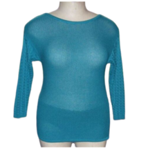 Teal Blue Fitted Zip Back Textured Sweater Sz M 3/4 Sleeve Stretch Cotto... - £3.15 GBP