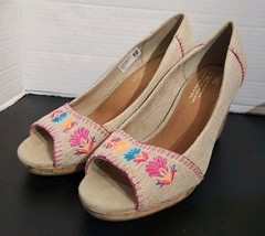 Toms Stella Natural Burlap Embroidery Cork Wedge Peep Toe Heels Wide Siz... - $558.30 MXN