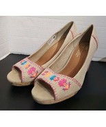 Toms Stella Natural Burlap Embroidery Cork Wedge Peep Toe Heels Wide Siz... - €25,51 EUR
