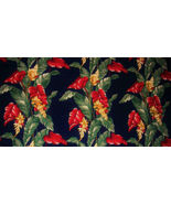 2.58 Yds x 58&quot; Navy Blue Tropical Ginger Anthurium Barkcloth Red Green G... - £15.61 GBP