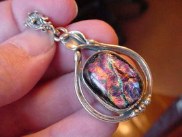 (#D-135-A) Dichroic Fused Glass Pendant Silver Pink Orange Green - £51.91 GBP