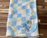 Vintage Elephant Fleece Baby Blanket Blue Mint Green Yellow Pastel Check... - $18.99