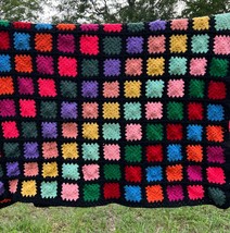 Vtg Afghan Blanket Granny Square Crochet Black Multicolor Handmade Throw 48 x 60 - £39.92 GBP