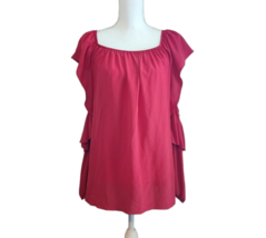 Mika Mindel sz Large Red Silk Style Lynn Ruffle Cold Shoulder 3/4 Sleeve Blouse - £31.83 GBP
