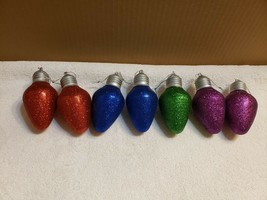 7 Christmas Ornaments Colorful Glitter Old Fashioned Bulbs Purple Red Green Blue - £8.03 GBP