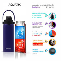 New Aquatix Purple Insulated FlipTop Sport Bottle 21 oz Pure Stainless S... - £17.11 GBP