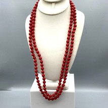 Red Bead Knotted Strand Necklace, Extra Long Vintage Pinup Fashion - £44.85 GBP