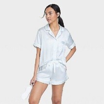 Women&#39;s 3pc Satin Notch Collar and Shorts Pajama Set + Mask - Stars Above Blue L - £11.68 GBP