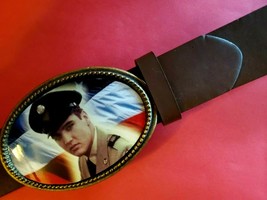 ELVIS PRESLEY MILITARY Epoxy PHOTO MUSIC BELT BUCKLE &amp; Brown Bonded Belt - £19.79 GBP