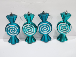 Christmas Teal White Candy Candyland Plastic Ornaments 5.5&quot; Set of 4 - $17.81