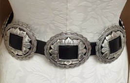 Vtg Brighton Concho Leather Belt 1993 Floral Silvertone Stamped Black Medium - £98.25 GBP