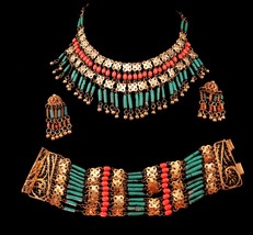 Vintage bookpiece EGYPTIAN Revival necklace bracelet earrings Turquoise coral wi - £359.71 GBP