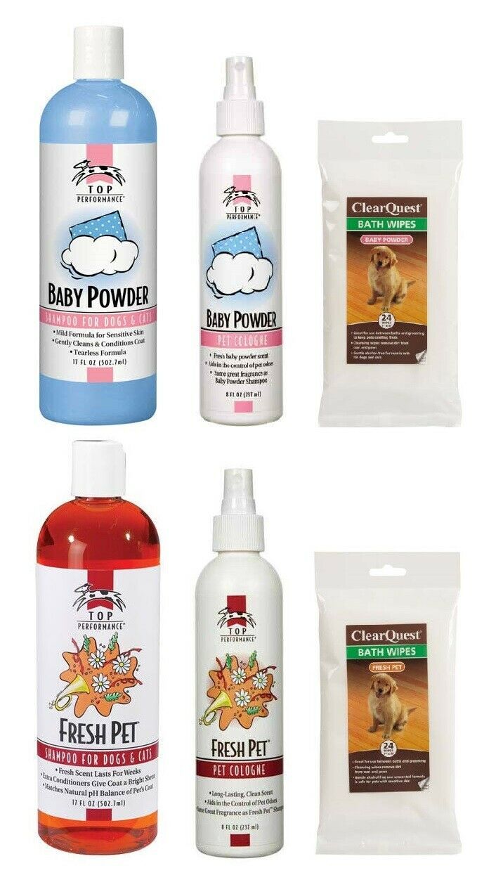 Dog Grooming Shampoo Spray & Wipes Kit Choose Fresh Pet or Baby Powder Scent 3pc