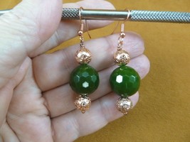 (ee406-3) round faceted 16mm green Jade gemstone bead + copper dangle earrings - £18.67 GBP