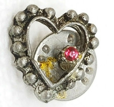 Glass Beaded Heart Brooch Pin Vintage Pewter Silver Color Red - £11.86 GBP
